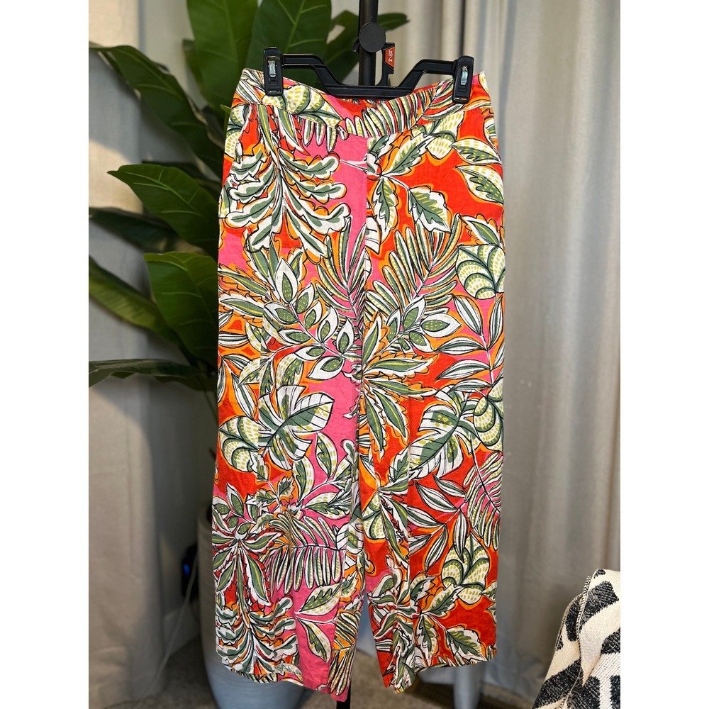 C&C California Women Medium 100% Linen Tropical Leaf Print Wide Leg Crop Pants